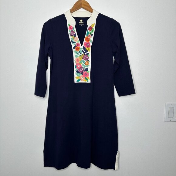 Spartina 449 Embroidered Monica Shift Dress Size Small Navy Blue Stretch Boho - Picture 1 of 13